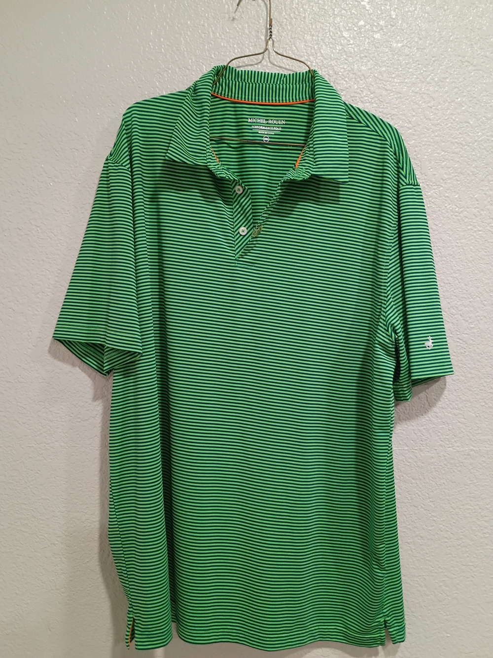 Men's Green Striped Polo Shirt - Michel Rouen Vintage 2XL